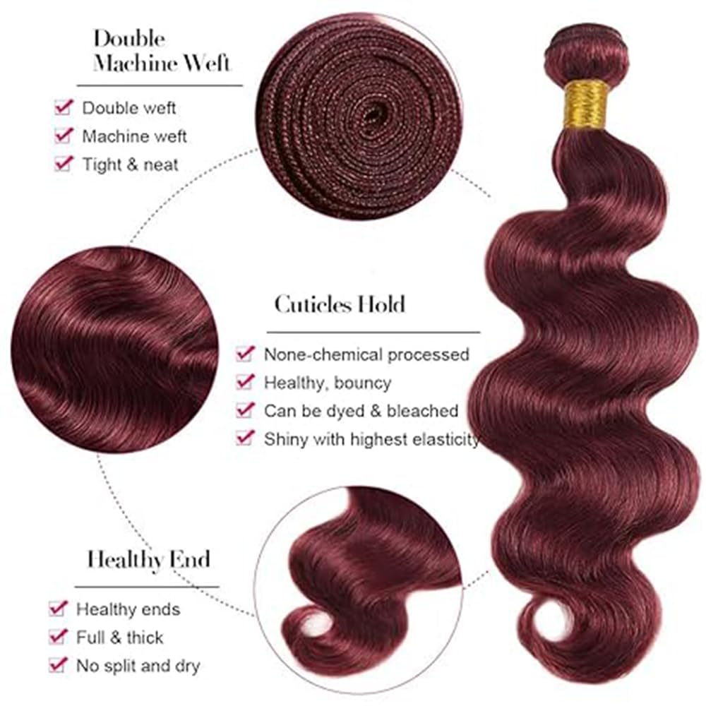 BilltiiWW Color 99j Body Wave Bundles Wine Red Human Hair Burgundy Bundles Brazilian Weave Wet and Wavy Soft Silky for Woman 8 10 12 Inch