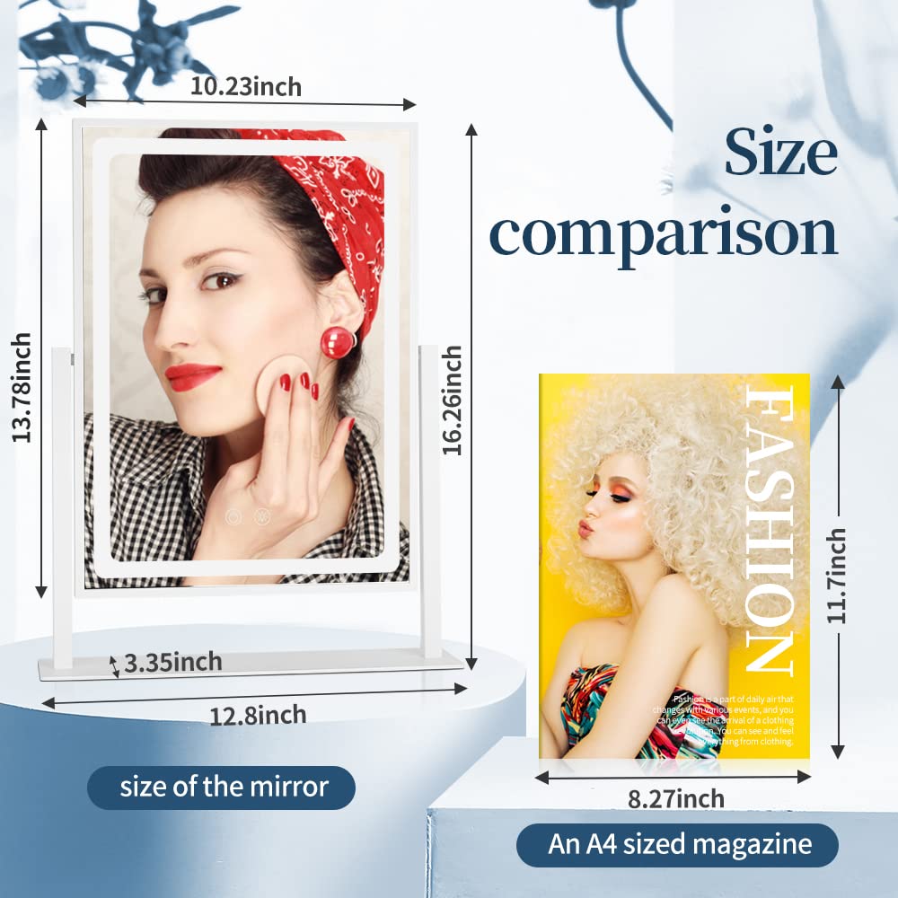 BRIGHTINWD Vanity Mirror with Lights - 13.78"× 10.23" Adjustable Lighted Makeup Mirror for Desk, Detachable 10X Magnification Mirror, Touch Sensor, Desk Mirror for Bedroom & Dressing Room (White)