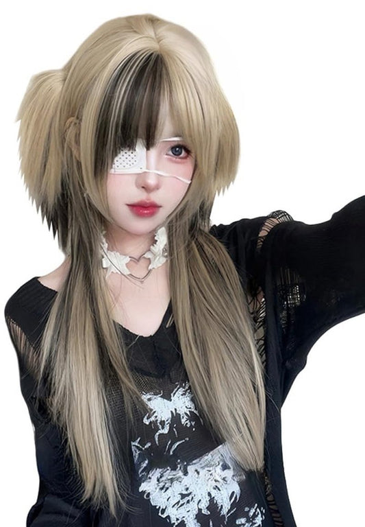VVRPWASSLY Women Linen Highlights Coffee Wig Clip on Pigtails Long Straight Hair with Bangs Synthetic Wig for Daily Party