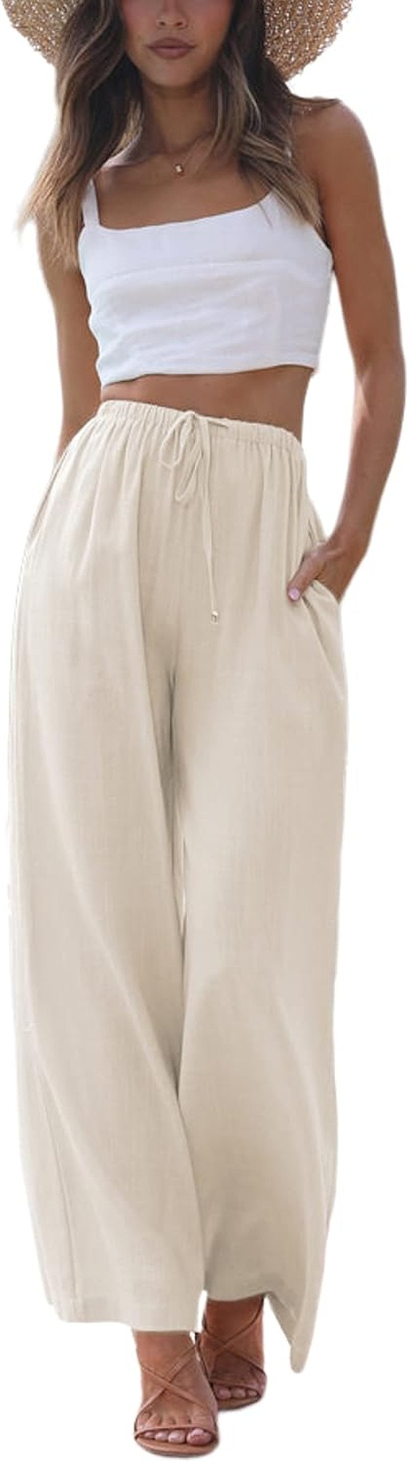 Women's Cotton Linen Palazzo Pants - Flowy Wide Leg Beach Trousers with Pockets | Summer Style