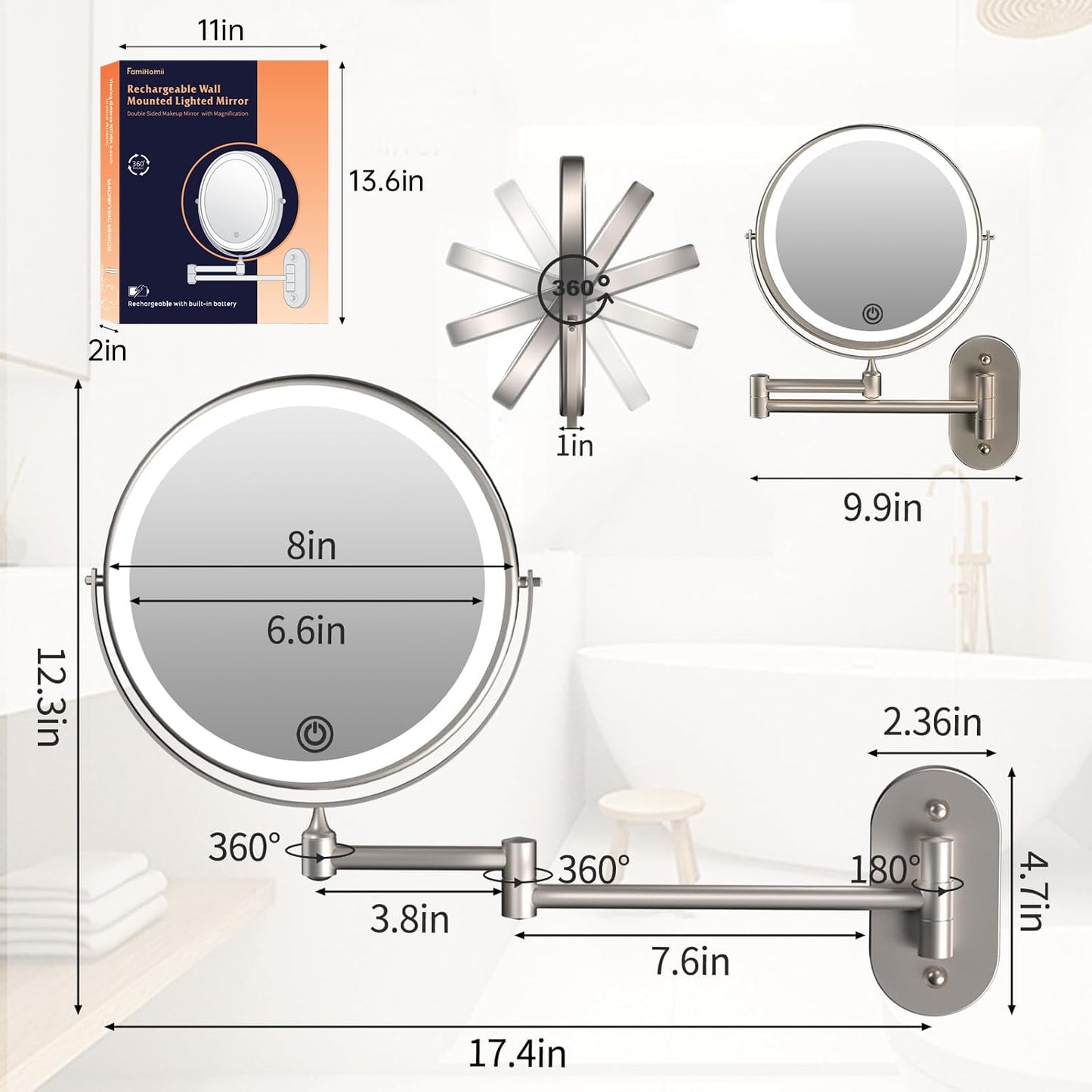 Wall Mounted Makeup Mirror with Lights - 8 Inch Rechargeable Vanity Mirror, 1X/20X Magnifying Dual-Sided, 3 Color Dimmable LED Lights, 4000mAh Battery, Brushed Nickel Finish for Bathroom & Bedroom