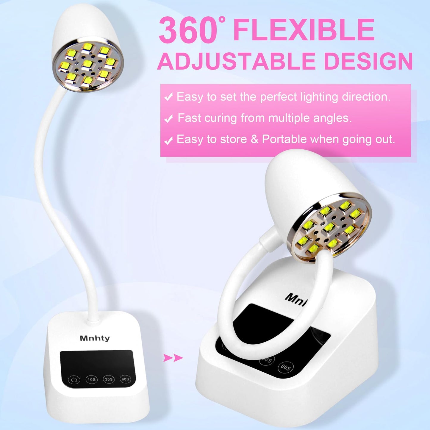 Mnhty U V LED Nail Lamp, Goose Neck Flash Cure Lamp 27W Rechargeable Mini U V Light for Gel Nails, Cordless Flash Cure Light with 3 Timers&Sensor, Fast Curing Gooseneck Lamps for Gel X, Snow White
