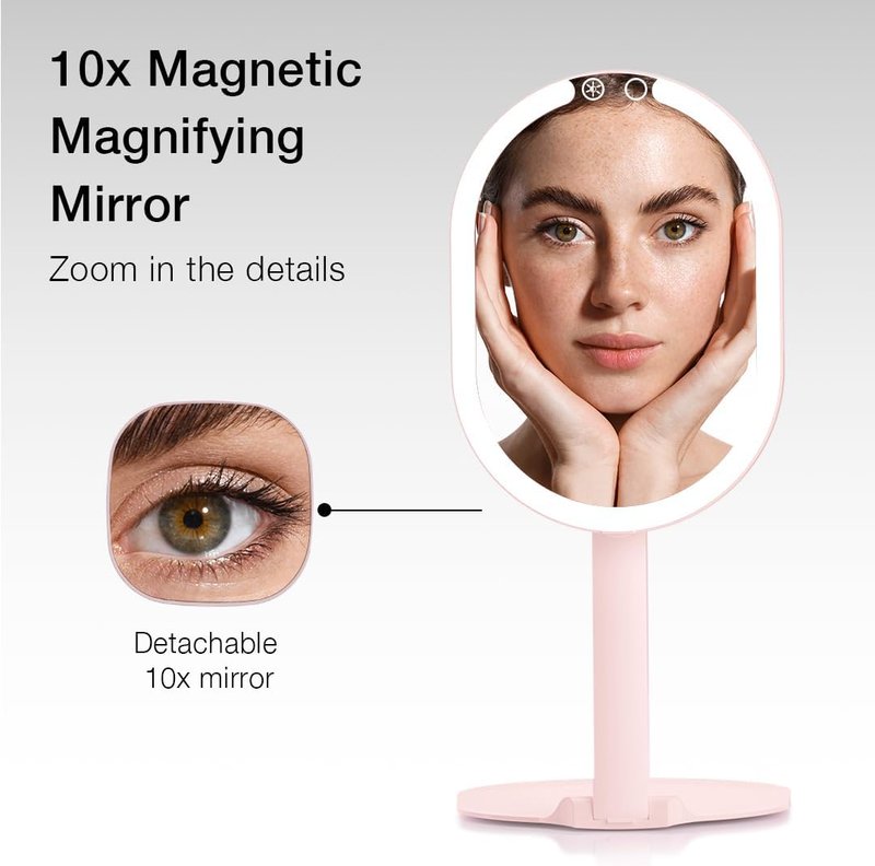 LED Portable Makeup Mirror - Rechargeable with 3 Color Light Settings & 10x Magnification | Ultra Slim Travel Vanity Mirror (Pink)