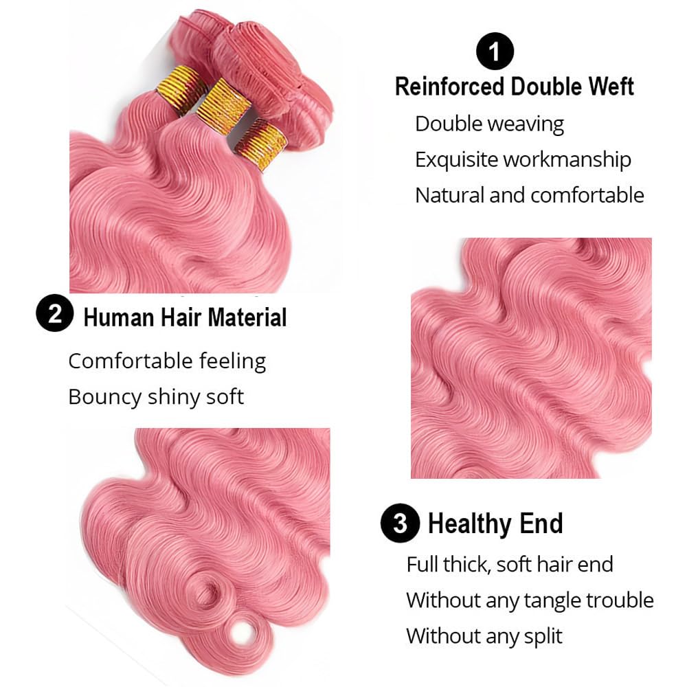 Pink Bundles Human Hair Body Wave Bundles 22 24 26 Inch Unprocessed Brazilian Virgin Hair 3 Bundle 50 Gram Per Bundle Deals Quick Weave Hair Extensions
