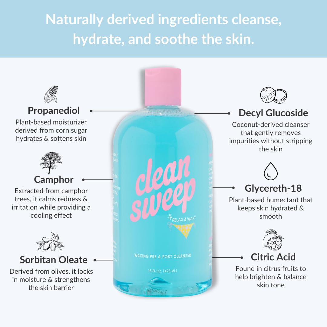 Relax and Wax Clean Sweep 2-in-1 Pre & Post Waxing Cleanser – No-Rinse, Anti-microbial & Moisturizing Formula – Removes Oil, Dirt & Makeup – Soothes & Preps Skin for Effective Waxing– 16oz