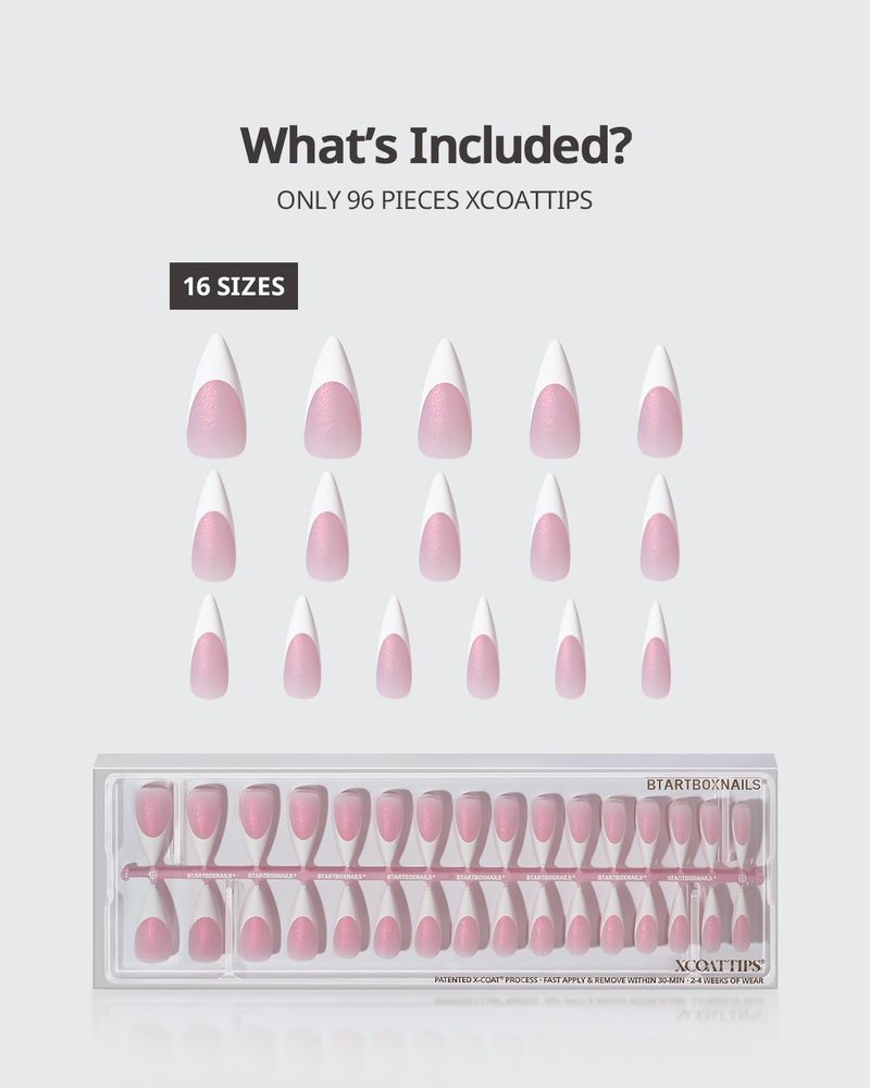 BTArtboxnails XCOATTIPS Stiletto Press On Nails - French Tip Press On Nails Pink Glitter Base, 96 Pcs Long Fake Nails Salon Quality Soak Off Soft Gel Nail Tips Extension in 16 Sizes