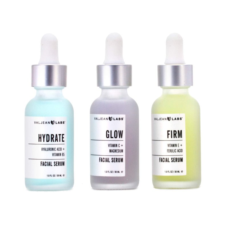 Valjean Labs Facial Serum, Combo Pack of Hydrate, Glow, and Firm | Supercharged, Targeted Skincare Ingredients | Paraben Free (1oz Bottles)