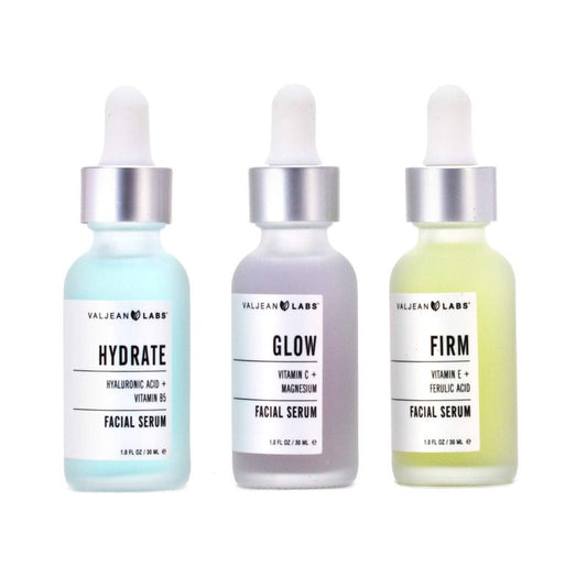 Valjean Labs Facial Serum, Combo Pack of Hydrate, Glow, and Firm | Supercharged, Targeted Skincare Ingredients | Paraben Free (1oz Bottles)