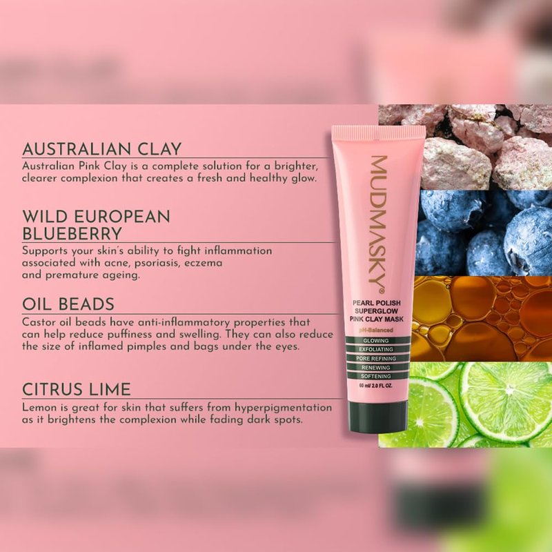 MUDMASKY Pearl Polish Superglow Pink Clay Mask 2.0 OZ - Mask-To-Scrub, MADE IN FRANCE, Made with A+ Grade AUSTRALIAN CLAY and bursting vitamin oil pearls