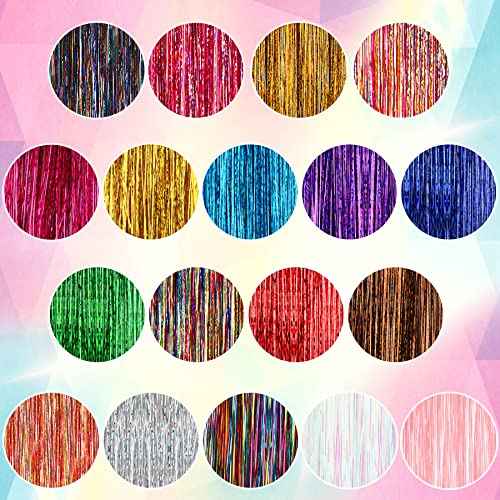 FEBSNOW 47 Inches Tinsel Hair Extension with Tool 3600 Strands 18 Mixed Colors Hair Extension Tinsel Kit Glitter Hair Extensions for Women Girls Hair Accessories for Christmas New Year Cosplay Party