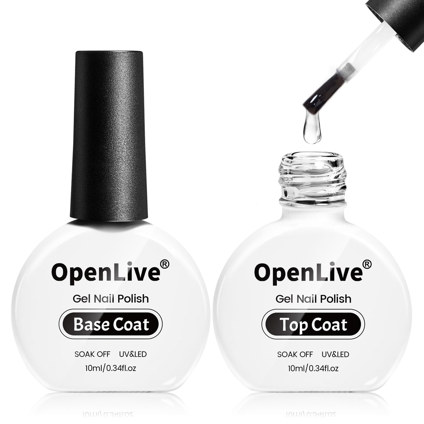 OpenLive 2 Bottle 10ml Gel Base Coat and Top Coat Set - No Wipe Quick Drying Long Lasting Glossy Gel Polish for Home DIY and Salon