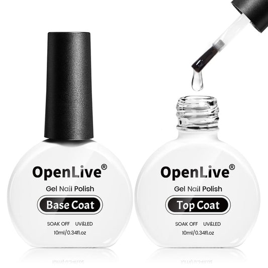 OpenLive 2 Bottle 10ml Gel Base Coat and Top Coat Set - No Wipe Quick Drying Long Lasting Glossy Gel Polish for Home DIY and Salon