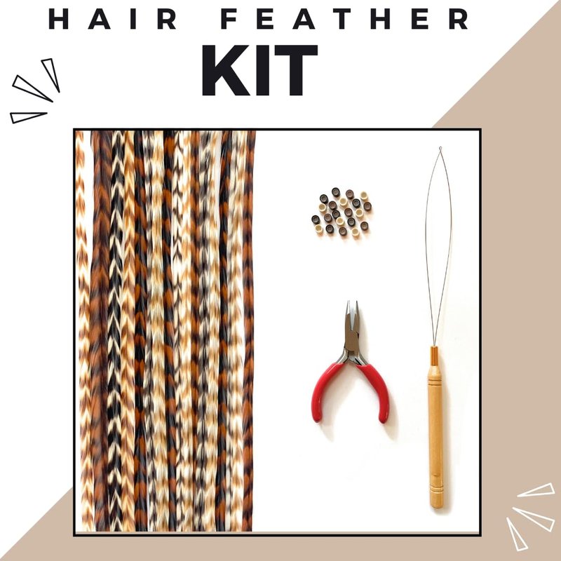 Natural Hair Feathers Kit - Real Rooster Feather Extensions for DIY Styling | Long Natural Colors, Pliers & Beads