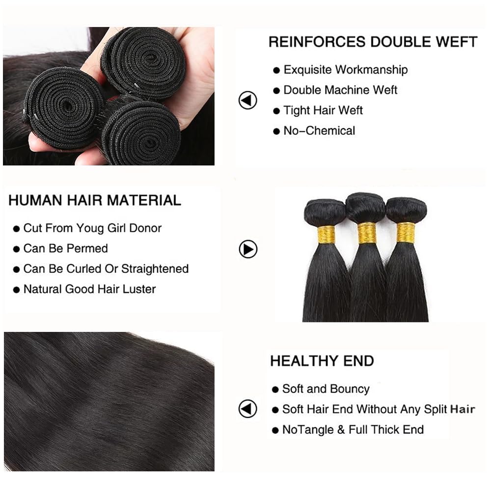 Straight Bundles Human Hair Natural Black Color Human Hair Bundles 12 14 16 Inch Brazilian Virgin Remy Hair Extensions Healthy And Soft 3Pcs/Set For Women Deals