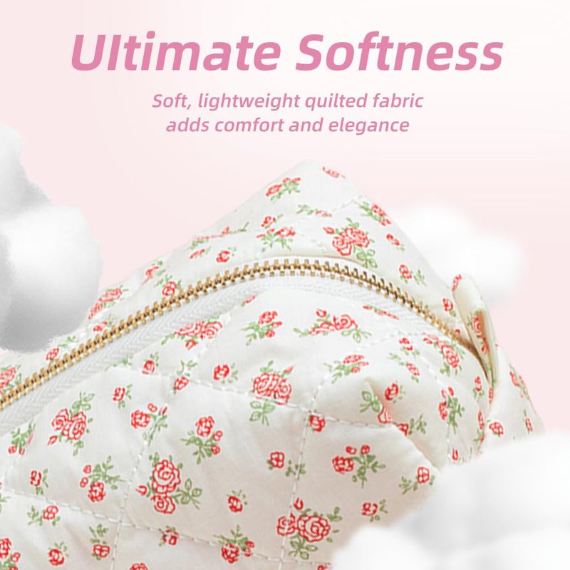 MIROSIE 2-Piece Handmade Cotton Quilted Makeup Bag Set, Floral Cosmetic & Skincare Organizer Zippered Pouch for Women & Girls, Travel Toiletry Bag for Essentials,Rose