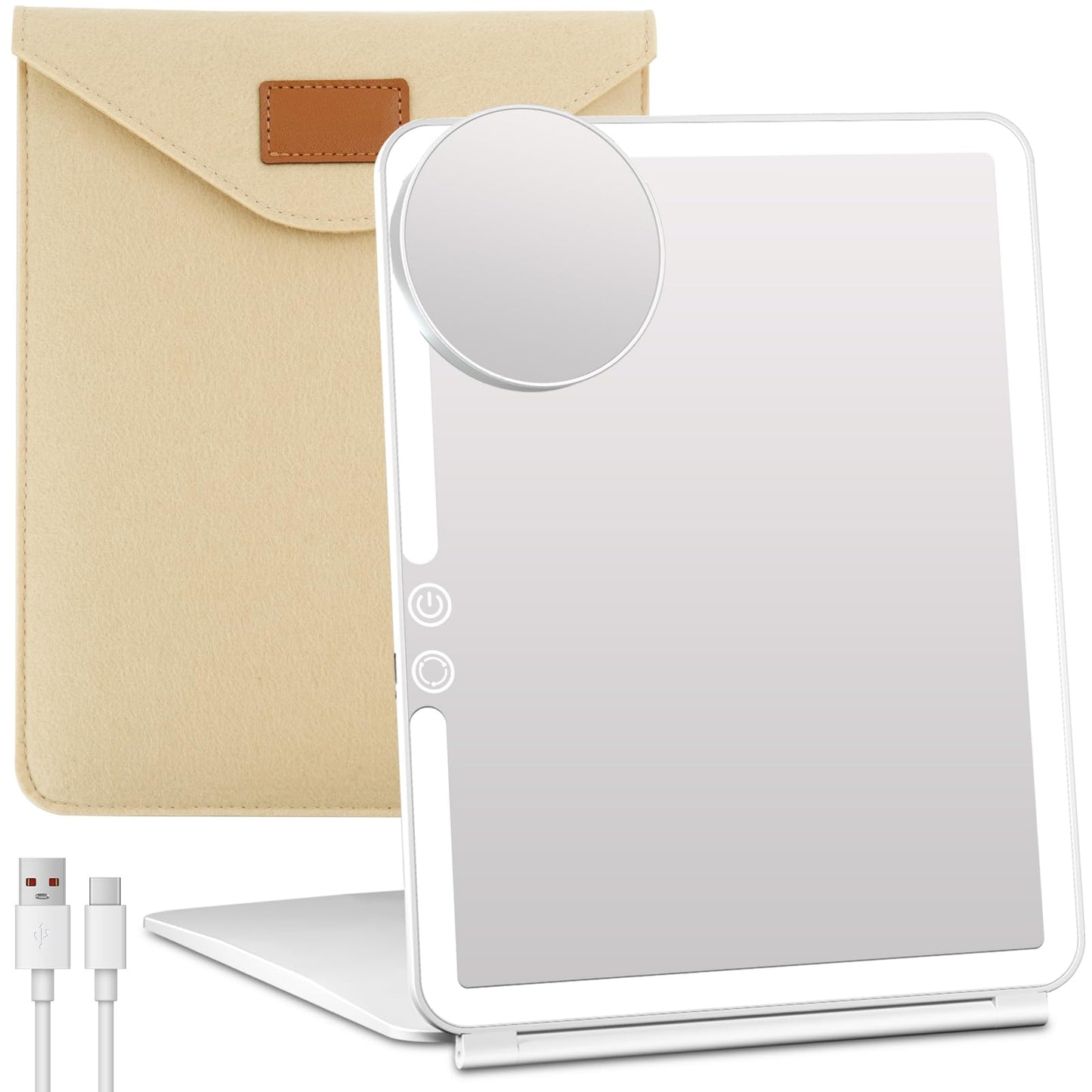 FUNTOUCH Large Rechargeable Travel Makeup Mirror with Light, 2500mAh Portable Makeup Mirror with 10X Magnifying Mirror 3 Lighting Modes, Dimmable Touch, Tabletop Folding Travel Mirror with Storage Bag