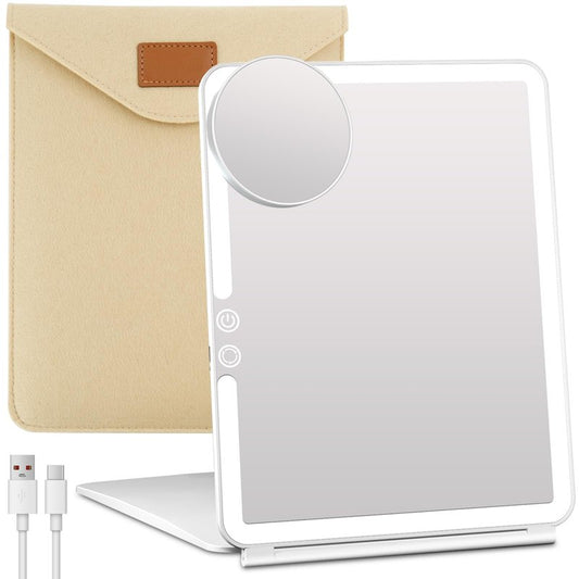 FUNTOUCH Large Rechargeable Travel Makeup Mirror with Light, 2500mAh Portable Makeup Mirror with 10X Magnifying Mirror 3 Lighting Modes, Dimmable Touch, Tabletop Folding Travel Mirror with Storage Bag