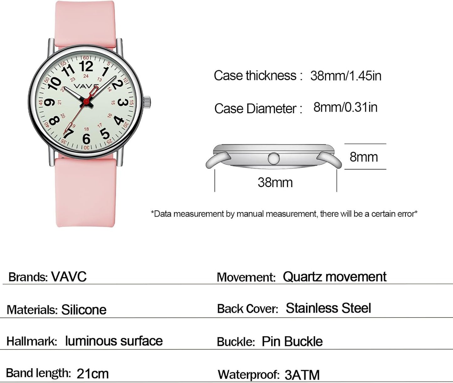 Waterproof Analog Nurse Watch for Nurses,Students,Medical Professionals,Women Men,with Luminouse Easy Read Dial,Military Time,Second Hand and 24 Hour,Comfortable Silicone Band.