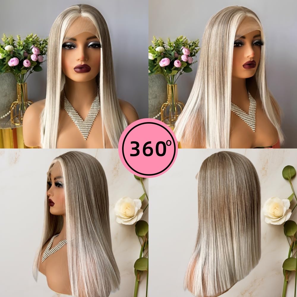 Ombre Ash Blonde Lace Front Wig - Pre-Plucked Baby Hair, White Grey Balayage Highlights | Straight Bob Synthetic Wig for Women