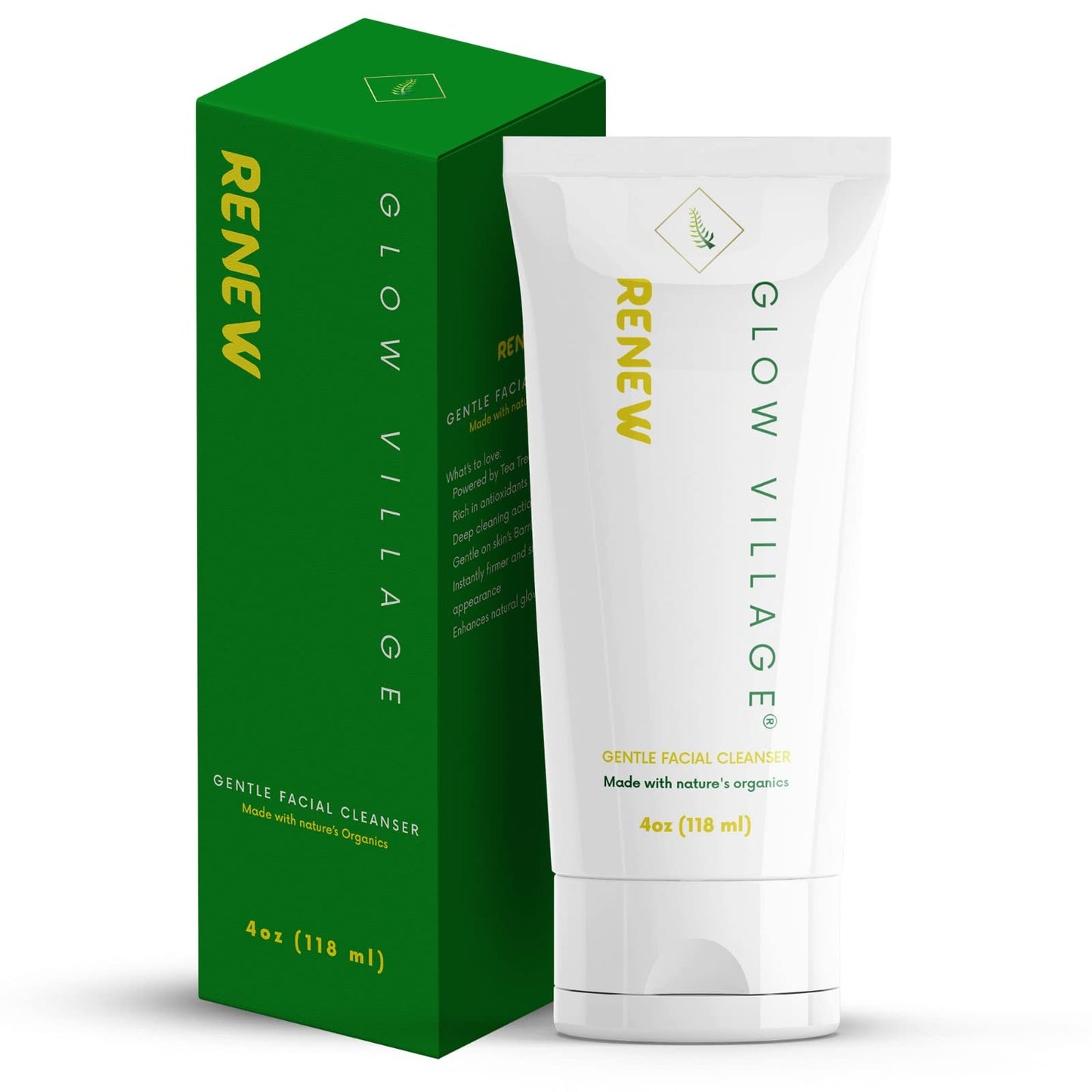 Glow Village Renew Gentle Facial Cleanser with Botanical Hyaluronic Acid | Vegan, Organic | Deep Cleansing, Blemish-Fighting | For Sensitive and Combination Skin| Fragrance Free | 4 oz