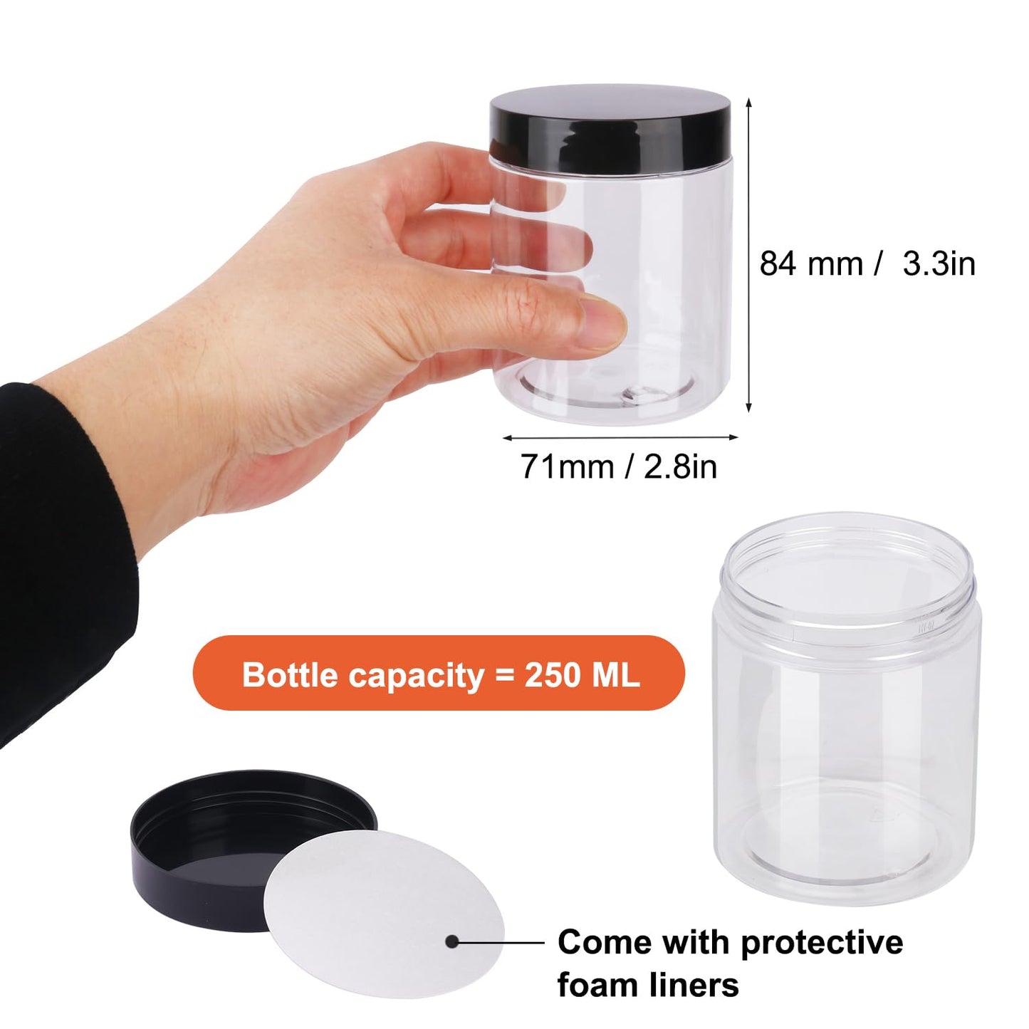 IHDYPPEW 48 Pack 8 OZ Clear Plastic Jars with Black Lids, Empty Plastic Mason Jars, Cosmetic Jar with Lids for Cream, Body Butters, Moisturizers, Candy, Beads, Samples (Clear)