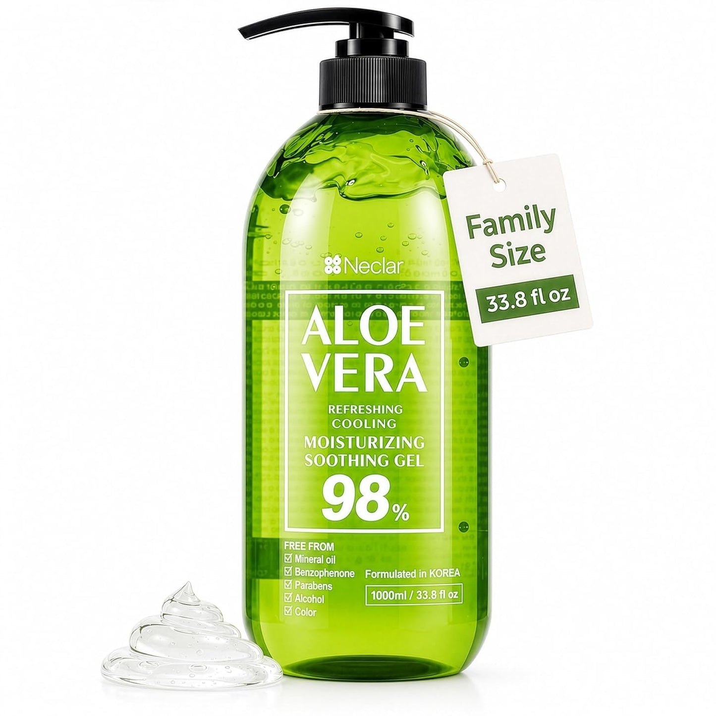 Neclar 98% Pure Aloe Vera Gel for Sunburn Relief - Big 33.8oz / 1000ml - Korean After Sun Care lotion For Face, Skin and Hair - Sun Burn Moisturizer Cream (33.8 Fl oz)