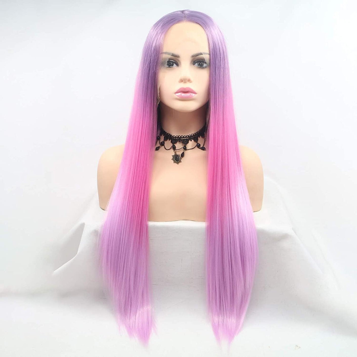Kalisa Long Straight Ombre Purple to Pink Lace Front Wig Middle Parting Synthetic Wig Heat Resistant Fiber Drag Queen Daily Wigs for Women 24 Inches