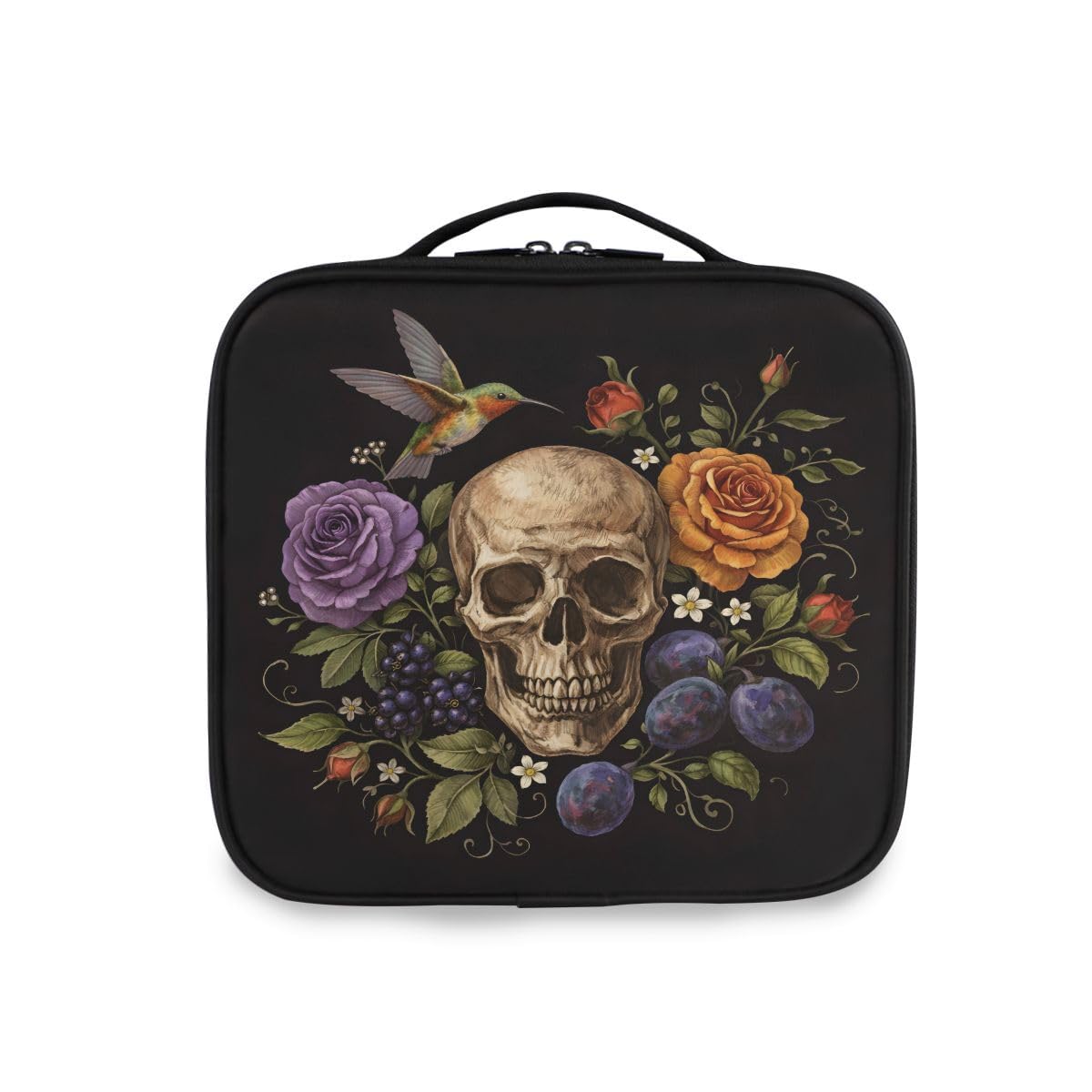 ALAZA Travel Makeup Case, Day of The Dead Skull Rose Humming Bird Dia Muertos Cosmetic toiletry Travel bag for Women Girls