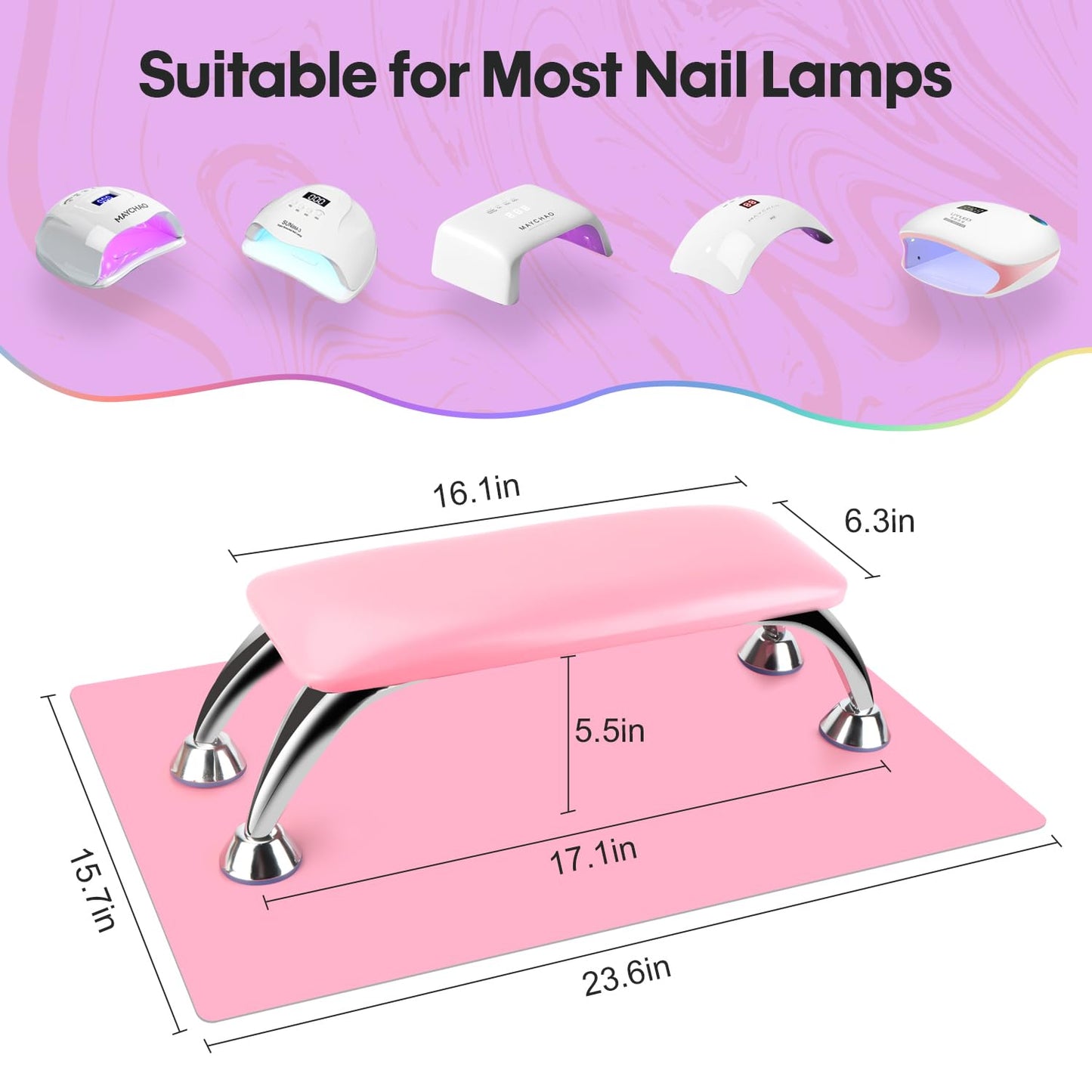 Arm Rest for Nails Tech with Table Mat for Salons and Home Manicures, Soft Microfiber Leather Nail Hand Rest for Relaxing Arms, Non-slip Height Hand Pillow Cushion Nail Salon Manicure (Pink)