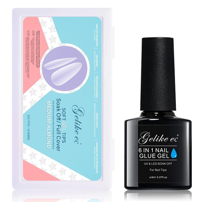 Soft Gel Full Cover Almond Nail Tips Kit - 6-in-1 Nail Glue Gel Included