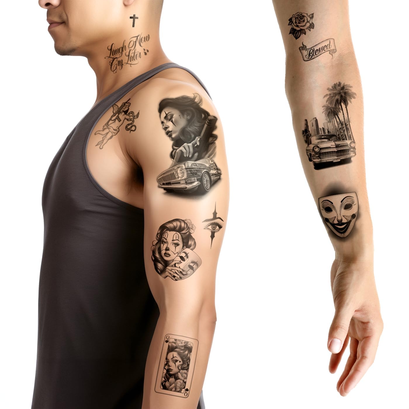 Los Vatos Chicano Bundle - Cholo and Chola Temporary Tattoos For Men Women, Payasa, Lowrider, Virgin Mary, Prayer, Cross, Chicana, Gangster, Fake Tattoo, Día de Muertos, Tatuajes Temporales