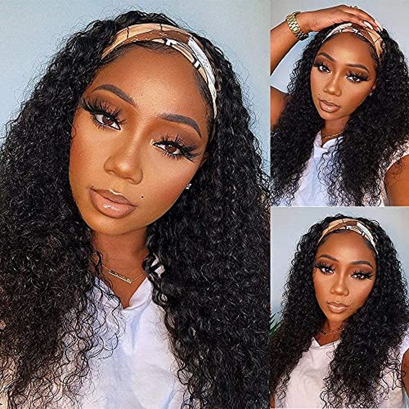 WENYAN Headband Wig Human Hair Deep Wave 16 Inch Wigs for Black Women Glueless None Lace Front Curly Wave Wig Brazilian Virgin Hair Wear and Go Wigs Machine Made 150% Density Natural Color