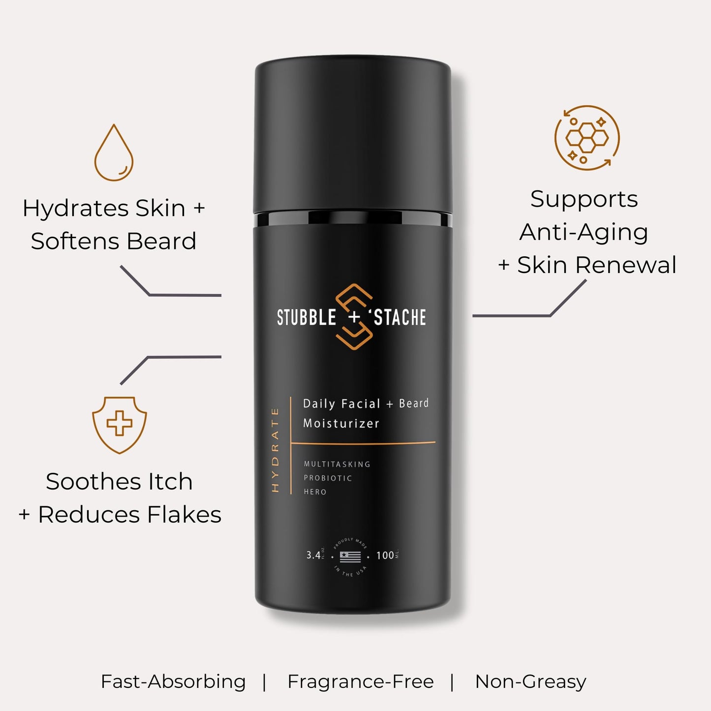 stubble & stache Face Moisturizer for Men - Anti-Aging Cream with Niacinamide, Hyaluronic Acid, Vitamin A - Hydrates Skin, Softens Facial Hair, 3.4oz