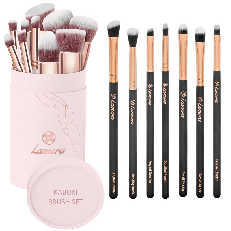 Kabuki Makeup Brush Set (Rose) with Eyeshadow Brush Set