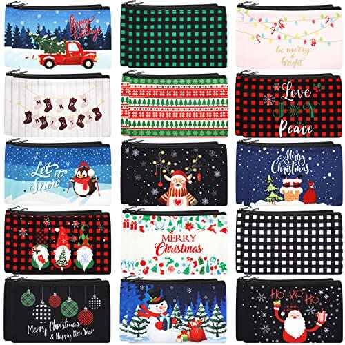 Saintrygo 30 Pieces Christmas Gift Makeup Bags Plaid Cosmetics Bag Merry Christmas and Santa Goodie Bags with Snowman, Reindeer, Multicolor