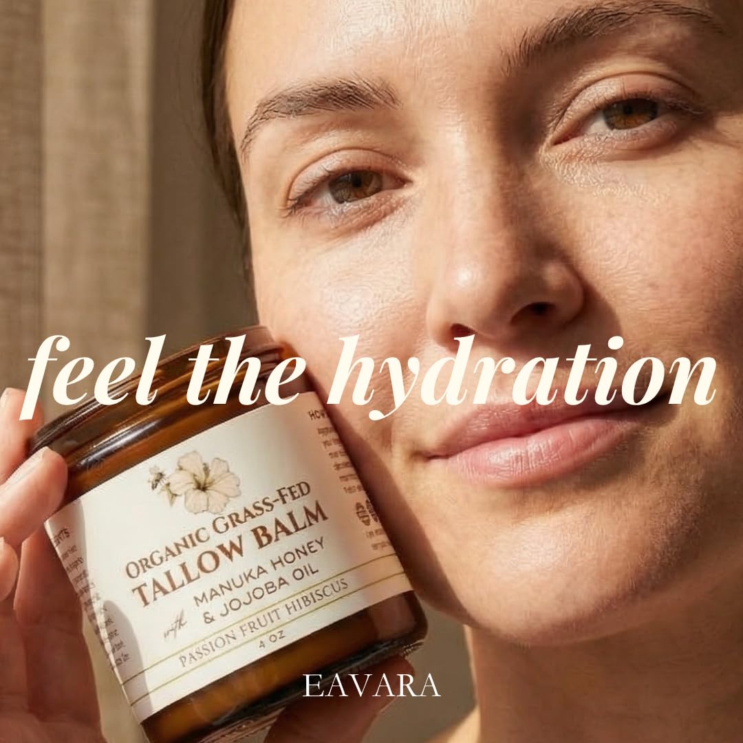 Eavara Beef Tallow for Face, Moisturizer with Manuka Honey & Pure Essential Oils, Organic Face & Body Balm, Natural Skincare with Jojoba, Sweet Almond, Tamanu & Baobab Oils, Made in USA, 4oz