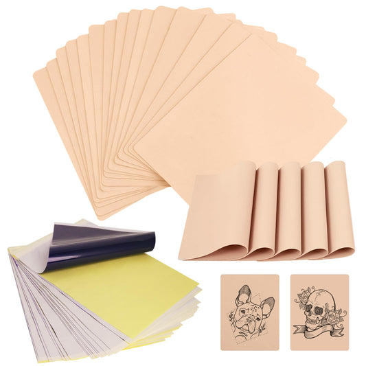 WZPB Tattoo Skin with Transfer Paper - 40Pcs Fake Skin and Stencil Paper Kit Including 20Pcs Double-Sided Practice Skin and 20Pcs Tattoo Transfer Paper for Beginners and Artists