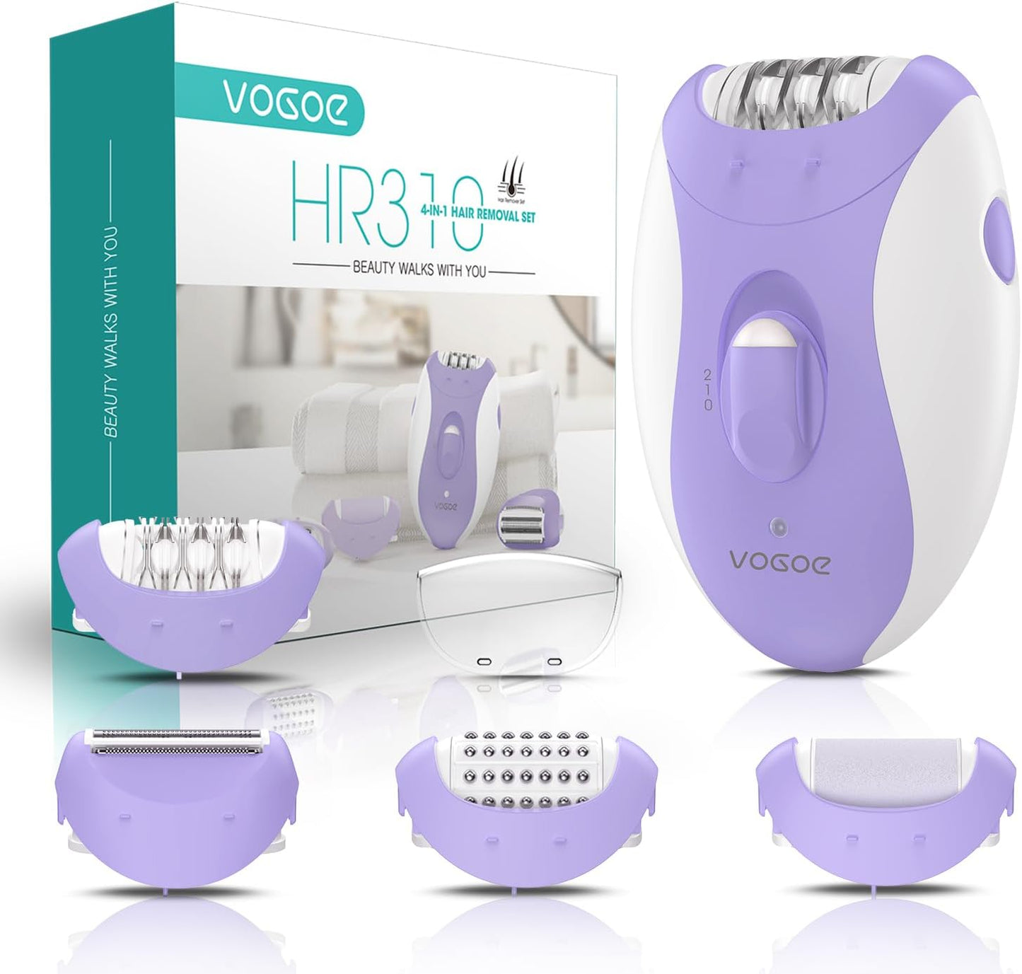 Epilator for Women - Cordless 4-in-1 Hair Removal Device with 21 Tweezers | Purple HR310