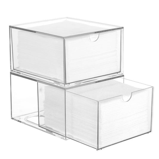 Rainmae 2 Pack Disposable Face Towel Holder, Face Towel Storage Box, Stackable Clear Makeup Organizer with Drawer for Clean Skin Club Face XL Towels Holder for Vanity Bathroom and Makeup Organization