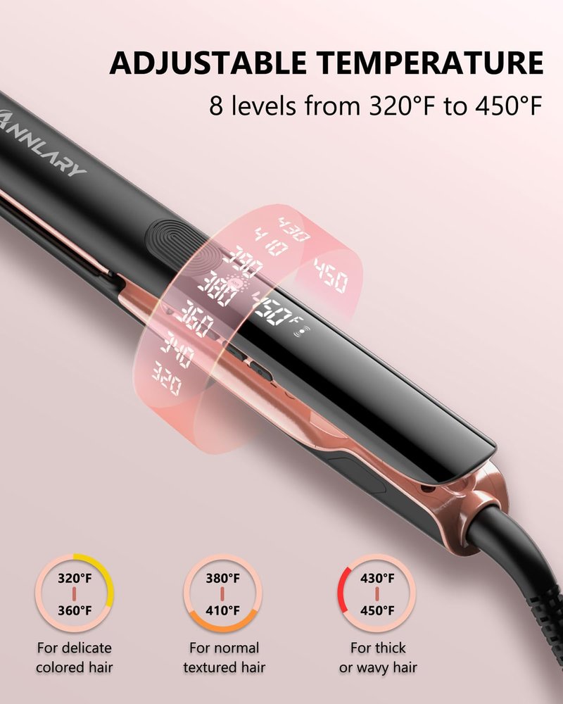 Annlary Hair Straightener 1 Inch Flat Iron and Curler 2 in 1 Titanium Ceramic Ionic Dual Voltage Straightener with Heat-Resistant Silicone, for Less Frizz, Shinier & Smoother