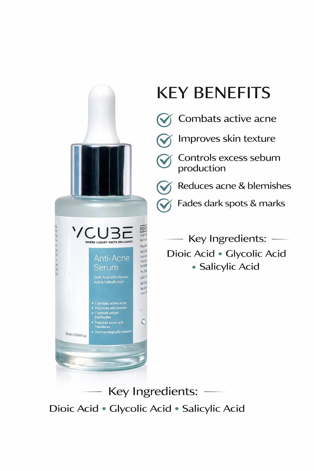HK BEAUTY CARE VCUBE Anti-Acne Face Serum with Dioic Acid, Glycolic Acid & Salicylic Acid – Acne Control, Oil Balancing, Blemish & Spot Reduction – 30 ml