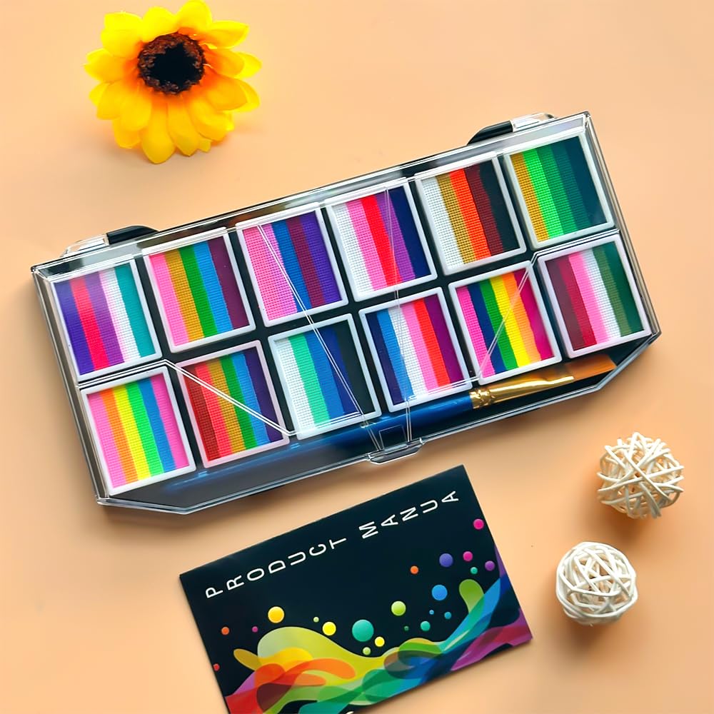 12 Colors Face Body Paint Palette,Split Cake Face Paint Palette FX Makeup, Water Activated Non Toxic Rainbow Body Painting with Brush for Halloween Makeup,Festivals & Events