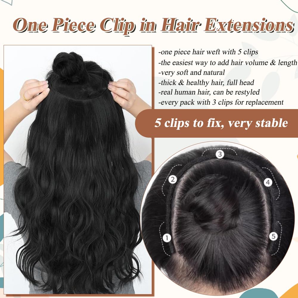 Balayage One Piece Clip-in Hair Extensions, 18" Body Wave Real Human Hair, Black to Grey Remy Hair Clip-ins, 80G