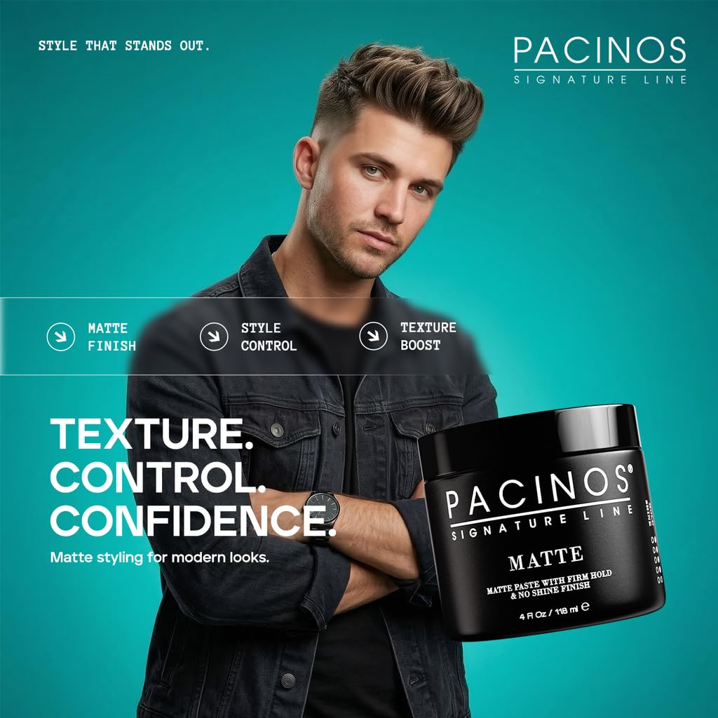 Pacinos Matte Hair Paste - Firm Hold, No Shine, Sculpting & Styling Wax, Long Lasting Definition & Texture, No Flakes, All Hair Types, 4 fl. oz.