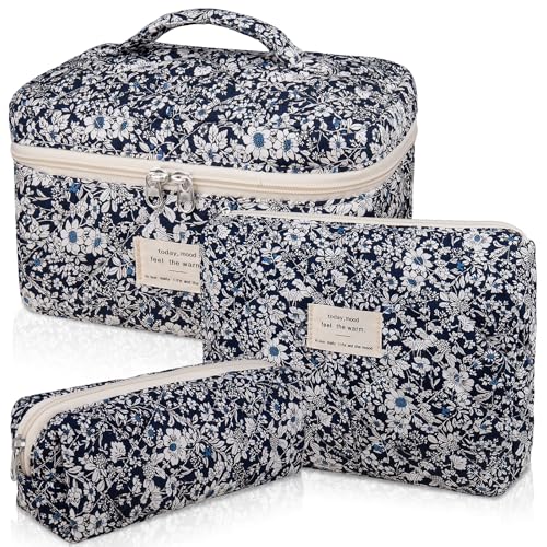 Makeup Bag Set, Quilted Makeup Bag, Large Floral Cosmetic Bag for Women, Cute Cotton Makeup Bags, Flower Travel Toiletry Organizer Bag (Black Rose Flower)