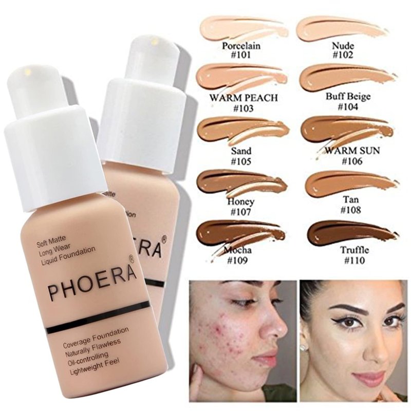 PHOERA Foundation,Full Coverage Foundation, Primer,Powder, Concealer,Makeup Set, Kabuki Makeup Brushes Foundation Brush Powder,2 Makeup Sponge (104 Buff Beige + 105 Sand）