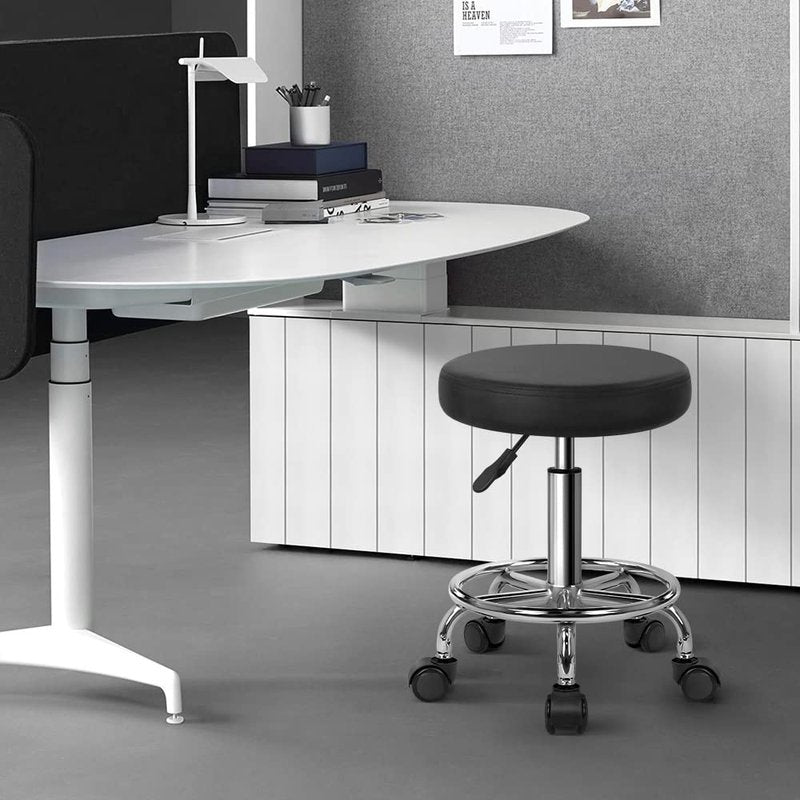 KKTONER PU Leather Round Rolling Stool with Foot Rest Swivel Height Adjustment Spa Drafting Salon Tattoo Work Office Massage Stools Task Chair Cushion 14 inches (Black)