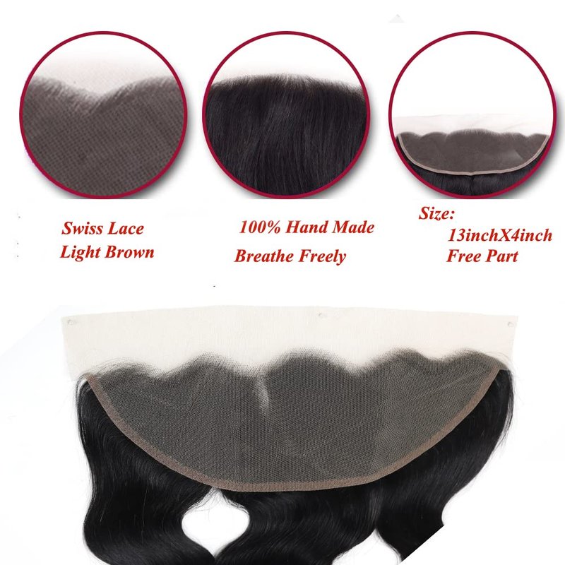 Amella Hair Body Wave Frontal Closure 13x4 Transparent Lace Frontal Closure 150% Density Brazilian Human Hair 13x4 Ear to Ear Full Lace Frontal Closure Pre-Plucked with Natural Black Color(12inch)