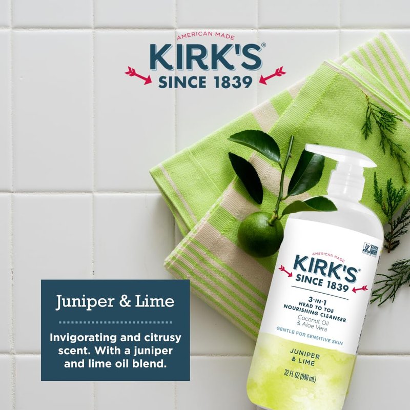 Kirk's Juniper & Lime 3-in-1 Nourishing Cleanser, Shampoo Body Wash Bubble Bath, Coconut Oil and Aloe Vera, Vegan Non-GMO, 32 Fl Oz, Pack of 2