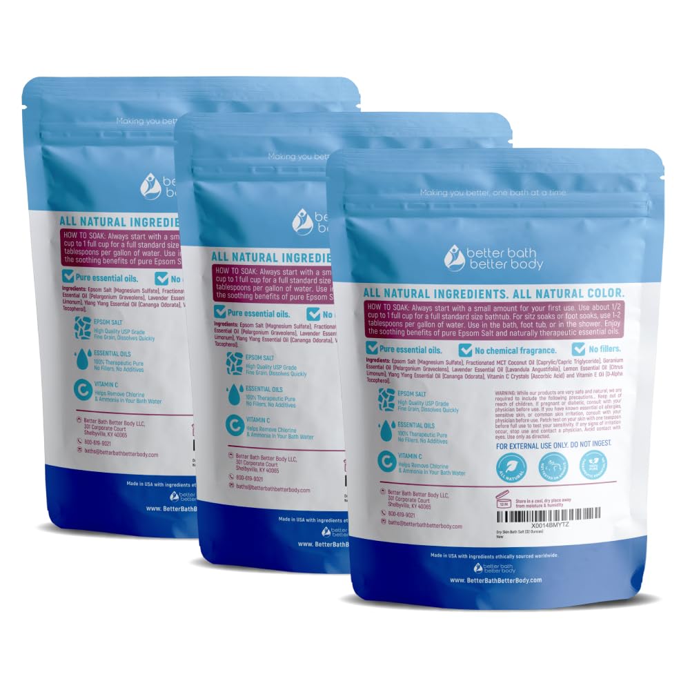 Dry Skin Bath Salt (3 Pack) Skin Soothing Epsom Salt with Pure Essential Oils in BPA Free Pouch with Press Lock Seal Made in USA Three 2 Lbs Pouches 6 Lbs Total